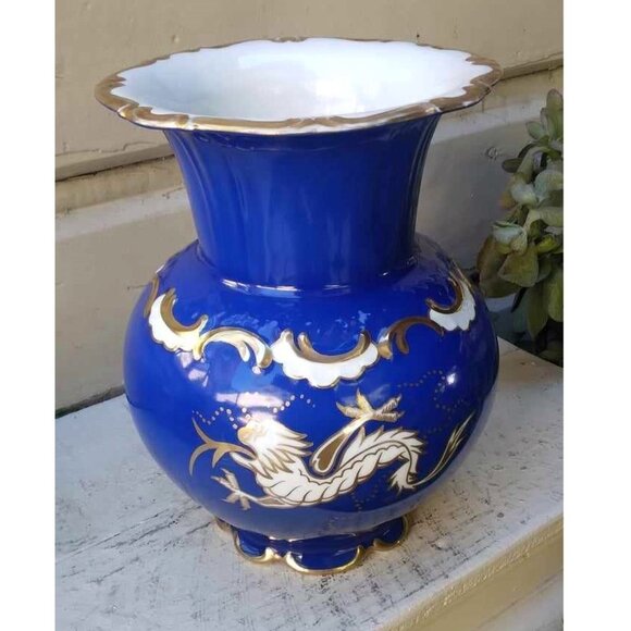 Cobalt Blue Gold Gilded Porcelain Vase W/Hand Painted Dragons RW Rudolf Wachter